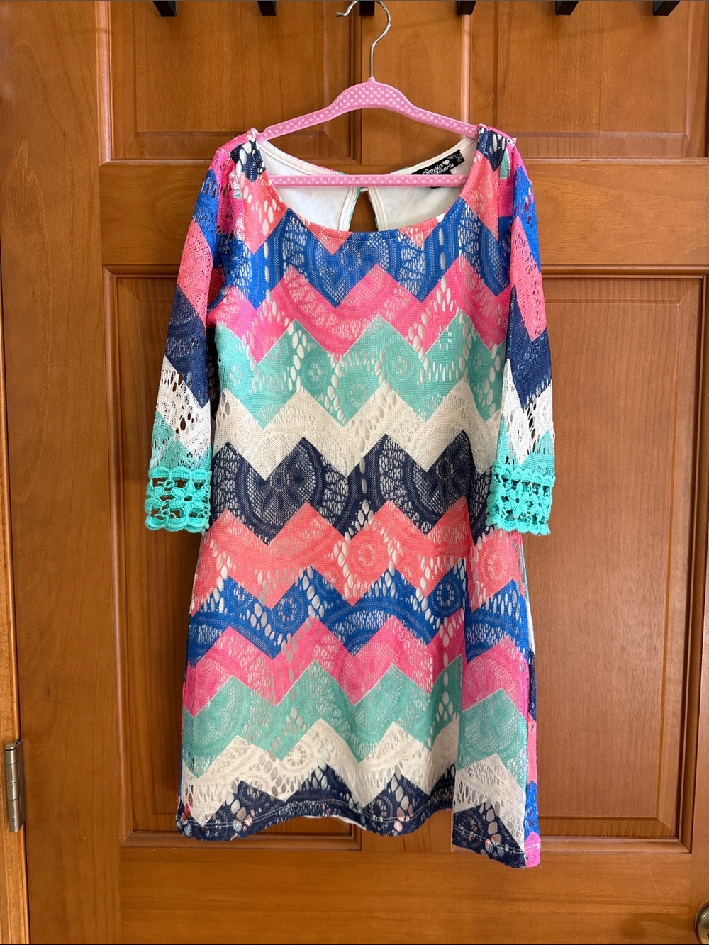 Sequin Hearts Chevron Lace Shift Dress in Coral, Teal & Navy